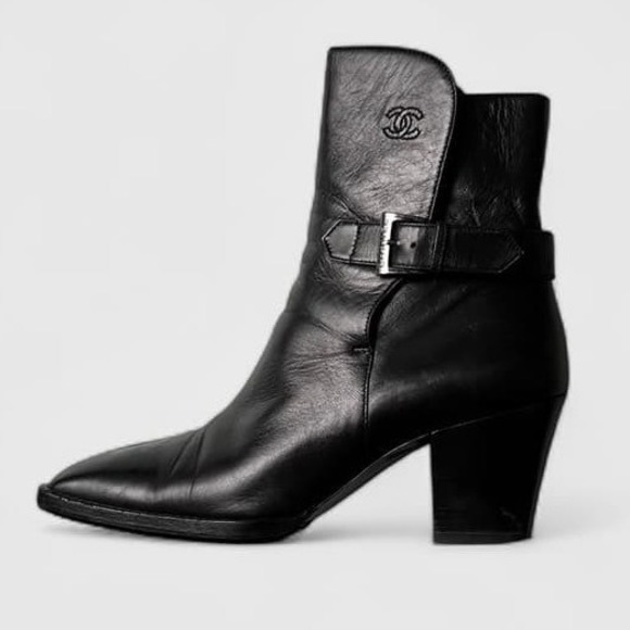 CHANEL Shoes - Vintage 90s Chanel Black Leather CC Logo Ankle Boots Buckle Moto 36.5